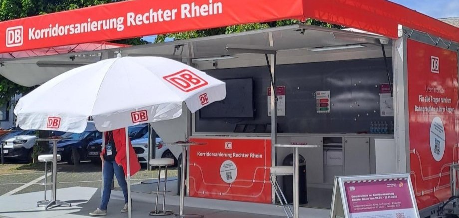 Infomobil der Deutschen Bahn zur Korridorsanierung der rechtsrheinischen Bahnstrecke. Der rote Informationsstand mit der Aufschrift „Korridorsanierung Rechter Rhein“ steht auf einem Platz im Freien. Vor dem Pavillon befinden sich Stehtische, Sonnenschirme mit DB-Logo sowie eine Informationstafel für Besucherinnen und Besucher.