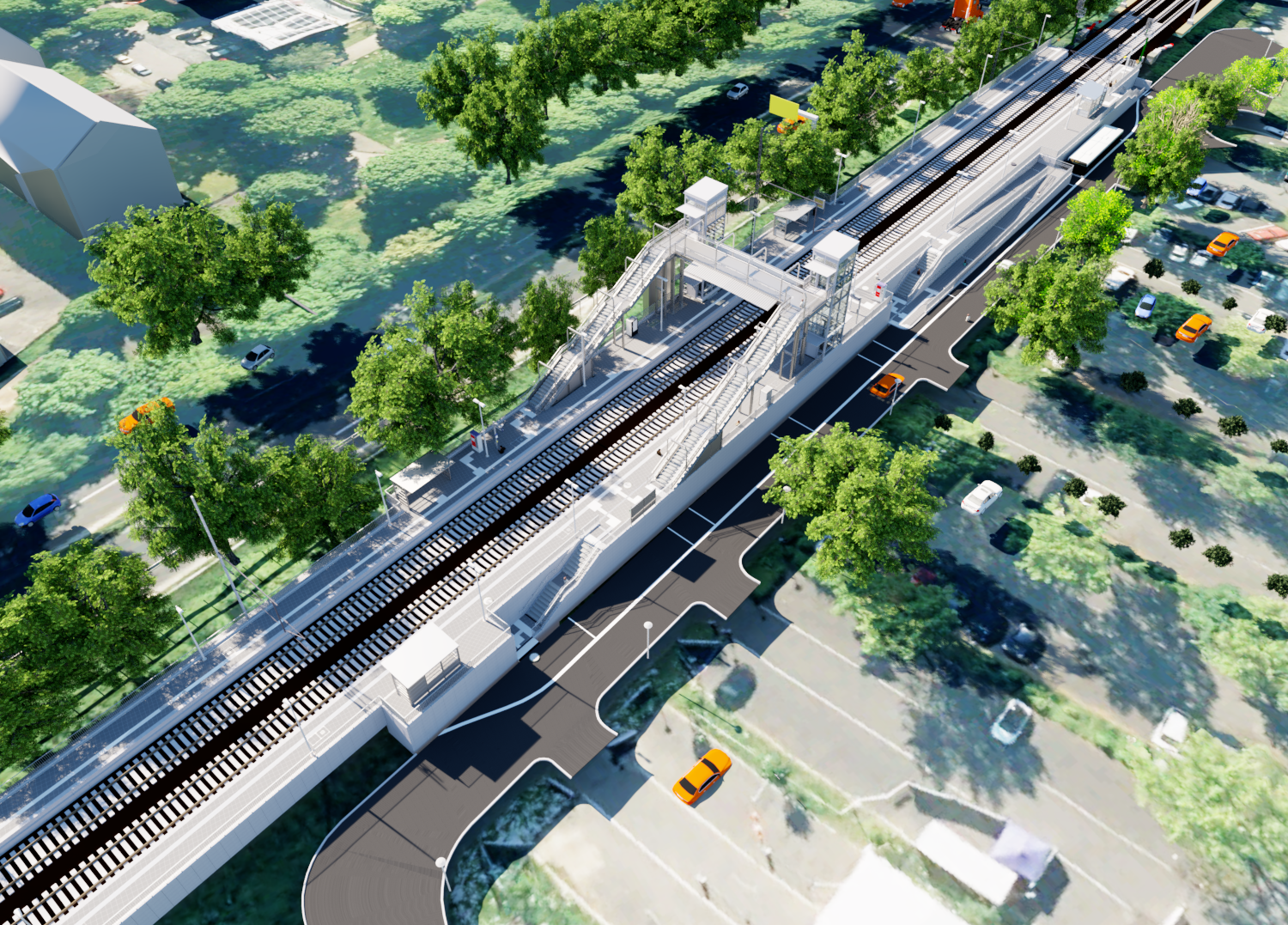 Visualisierung des geplanten neuen Bahnhofs Bad Honnef aus der Vogelperspektive mit zwei Bahnsteigen, Treppen, Aufzügen, Fußgängerbrücke und den angrenzenden Straßen und Grünflächen.