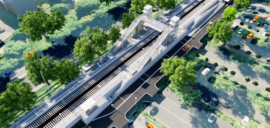 Visualisierung des geplanten neuen Bahnhofs Bad Honnef aus der Vogelperspektive mit zwei Bahnsteigen, Treppen, Aufzügen, Fußgängerbrücke und den angrenzenden Straßen und Grünflächen.