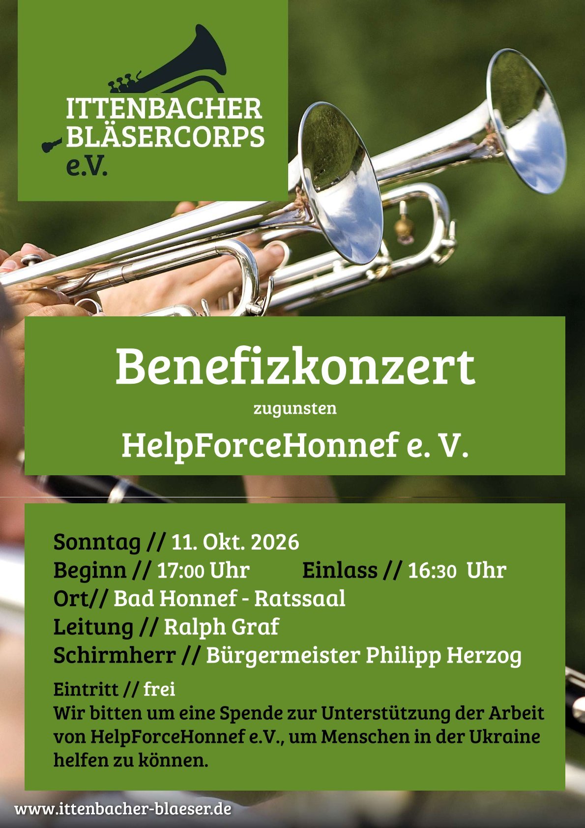 Plakat Benefizkonzert Ittenbacher Bläsercorps Der Ittenbacher Bläsercorps lädt am 11. Oktober zum Benefizkonzert ein. Spenden werden für den Verein HelpForceHonnef e. V. erbeten.