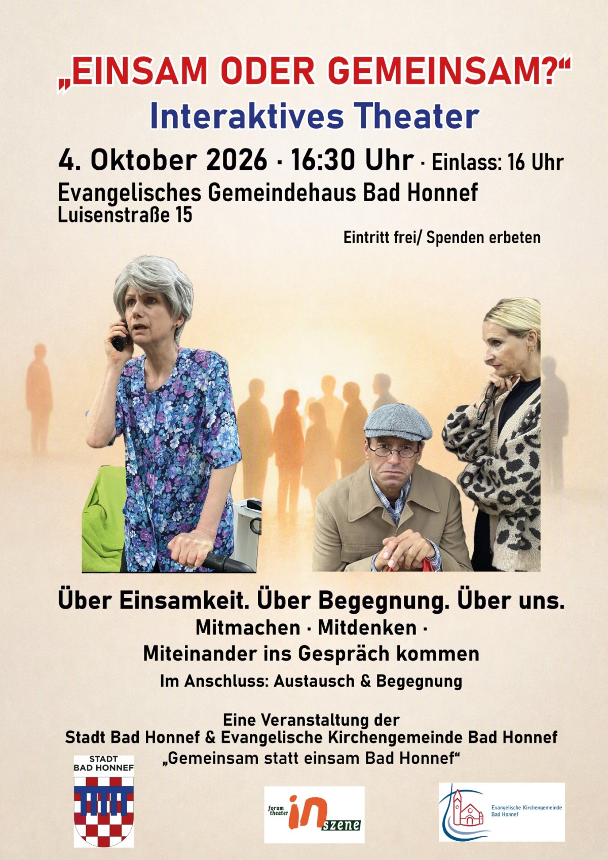 Plakat Interaktives Theater Das Plakat macht auf einen besonderen Theaternachmittag aufmerksam, der am 4. Oktober von der Stadt Bad Honnef und der Evangelischen Kirchengemeinde Bad Honnef organisiert wird.