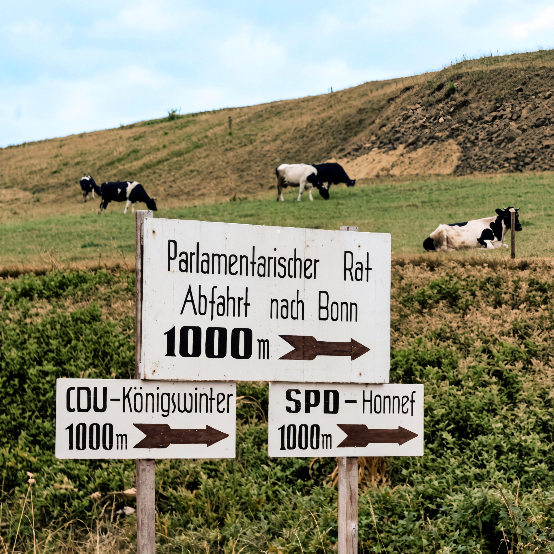 Vor einer Wiese mit Kühen steht ein Wegweiser zur Tagungsstätte des Parlamentarischen Rates und den Quartieren der CDU in Königswinter und der SPD in Bad Honnef.