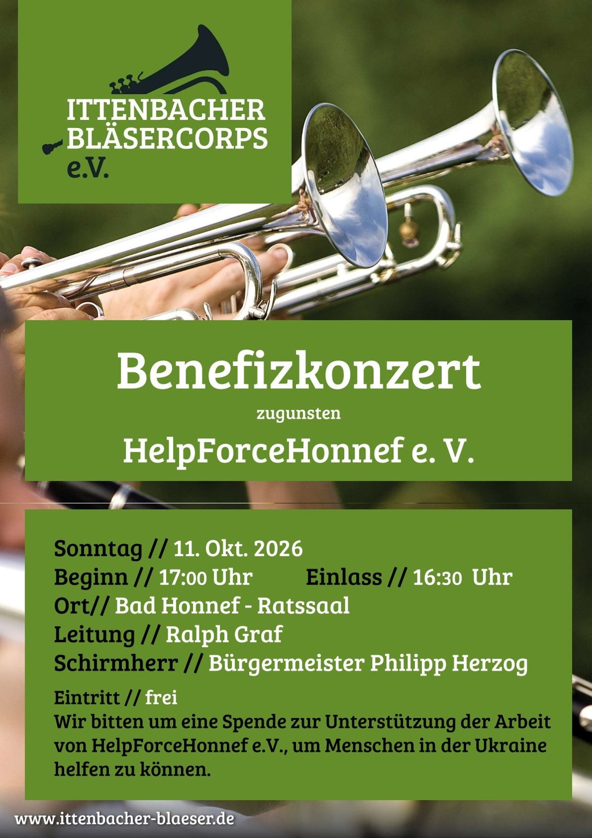 Plakat Benefizkonzert Ittenbacher Bläsercorps Der Ittenbacher Bläsercorps lädt am 11. Oktober zum Benefizkonzert ein. Spenden werden für den Verein HelpForceHonnef e. V. erbeten.