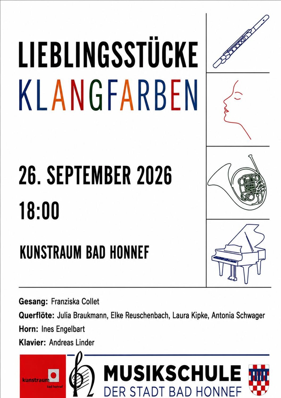 Das Plakat macht auf das Konzert Lieblingsstücke Klangfarben aufmerksam, das am 26. September 2026 um 18 Uhr im Kunstraum stattfindet.