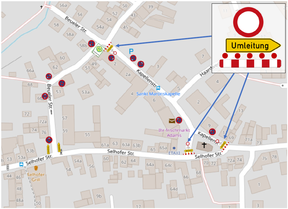 Der Verkehrszeichenplan zeigt die ausgeschilderte Umleitung aufgrund der Sperrung der Kapellenstraße.