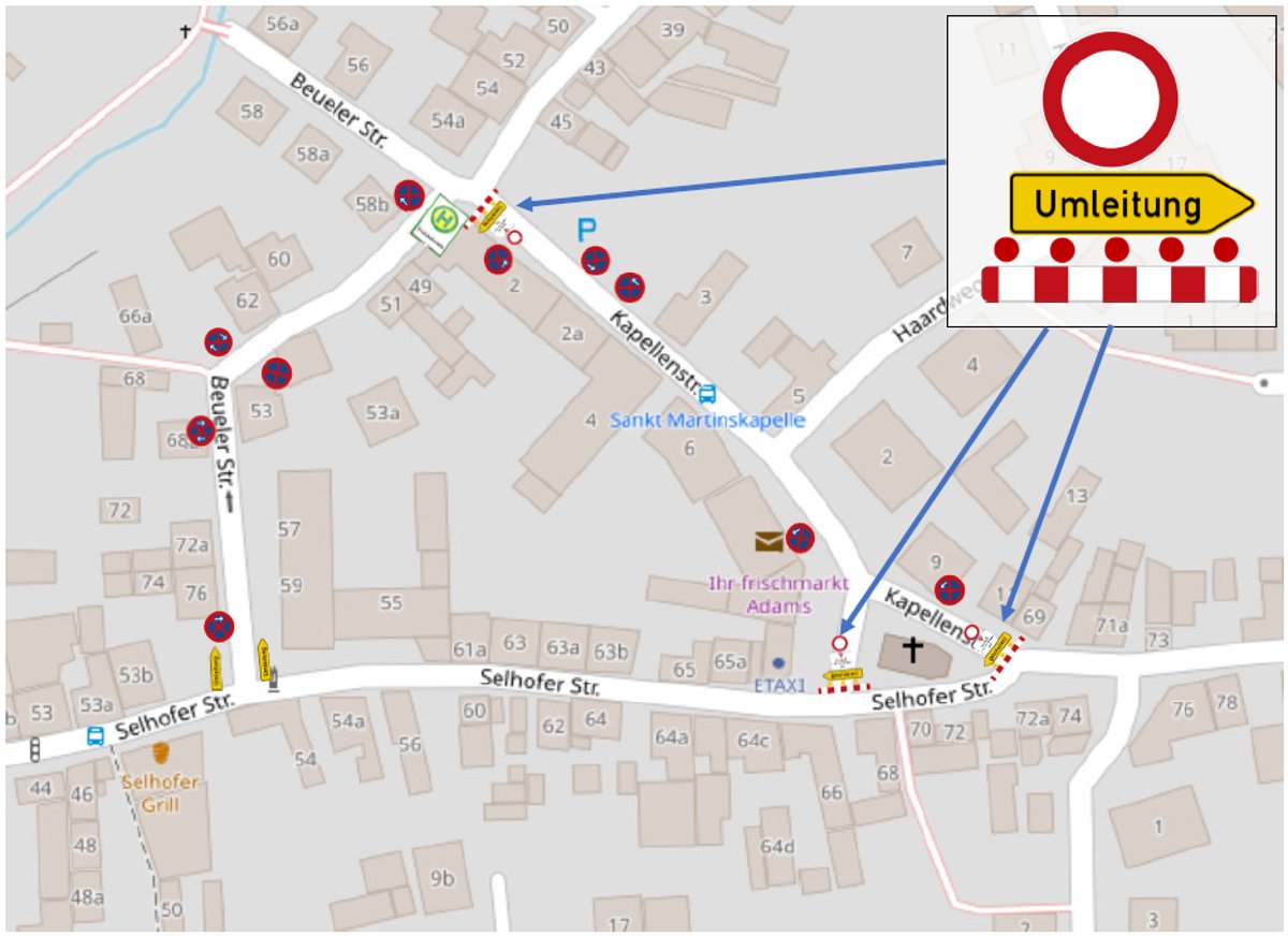 Der Verkehrszeichenplan zeigt die ausgeschilderte Umleitung aufgrund der Sperrung der Kapellenstraße.