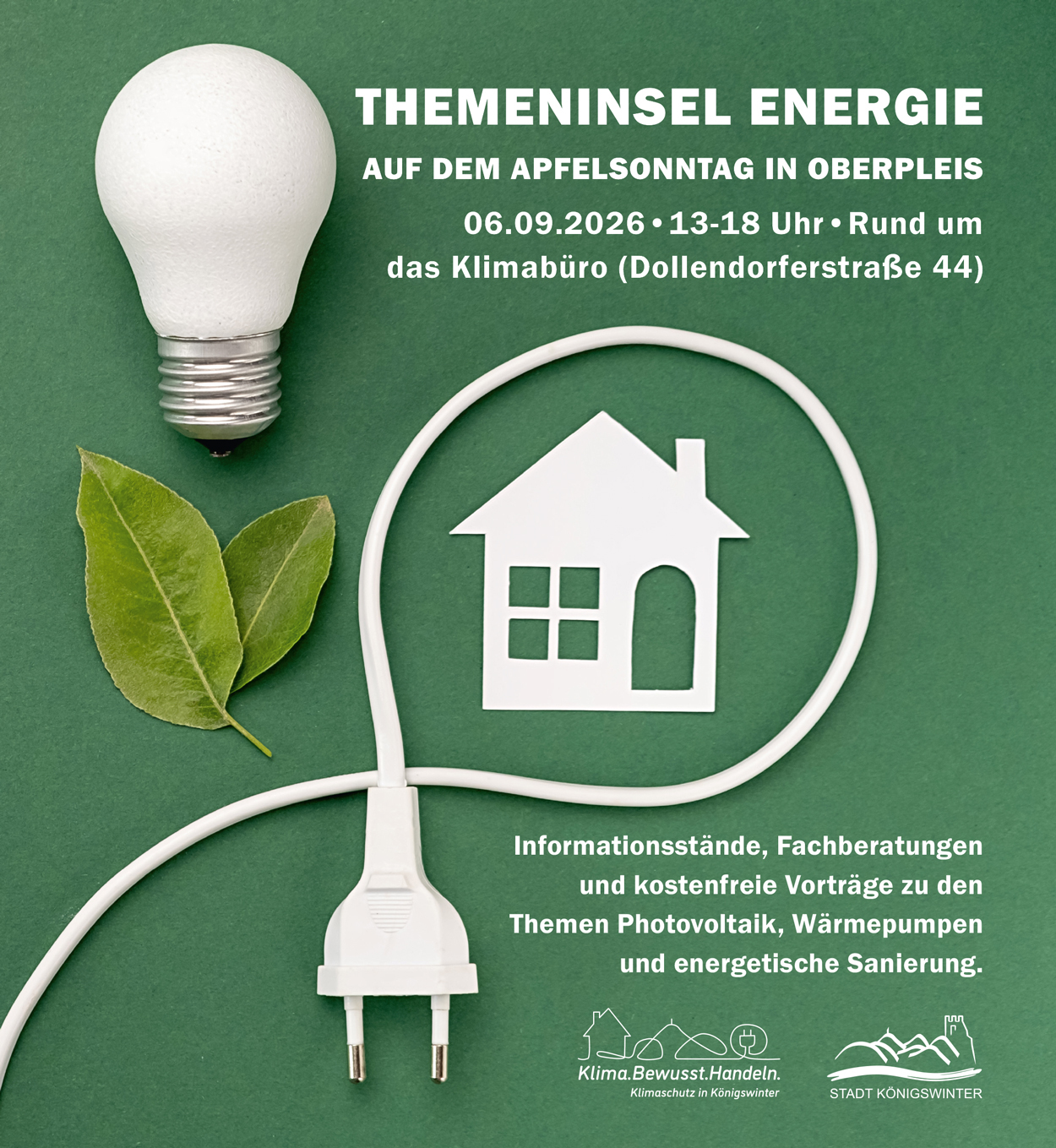 Das Plakat wirbt mit einem Leuchtmittel und einem Kabel für die Themeninsel Energie im Rahmen des Apfelsonntags am 6. September von 13 bis 18 Uhr.