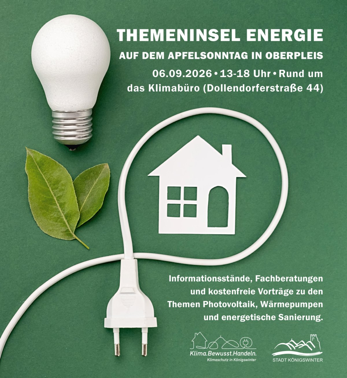 Das Plakat wirbt mit einem Leuchtmittel und einem Kabel für die Themeninsel Energie im Rahmen des Apfelsonntags am 6. September von 13 bis 18 Uhr.