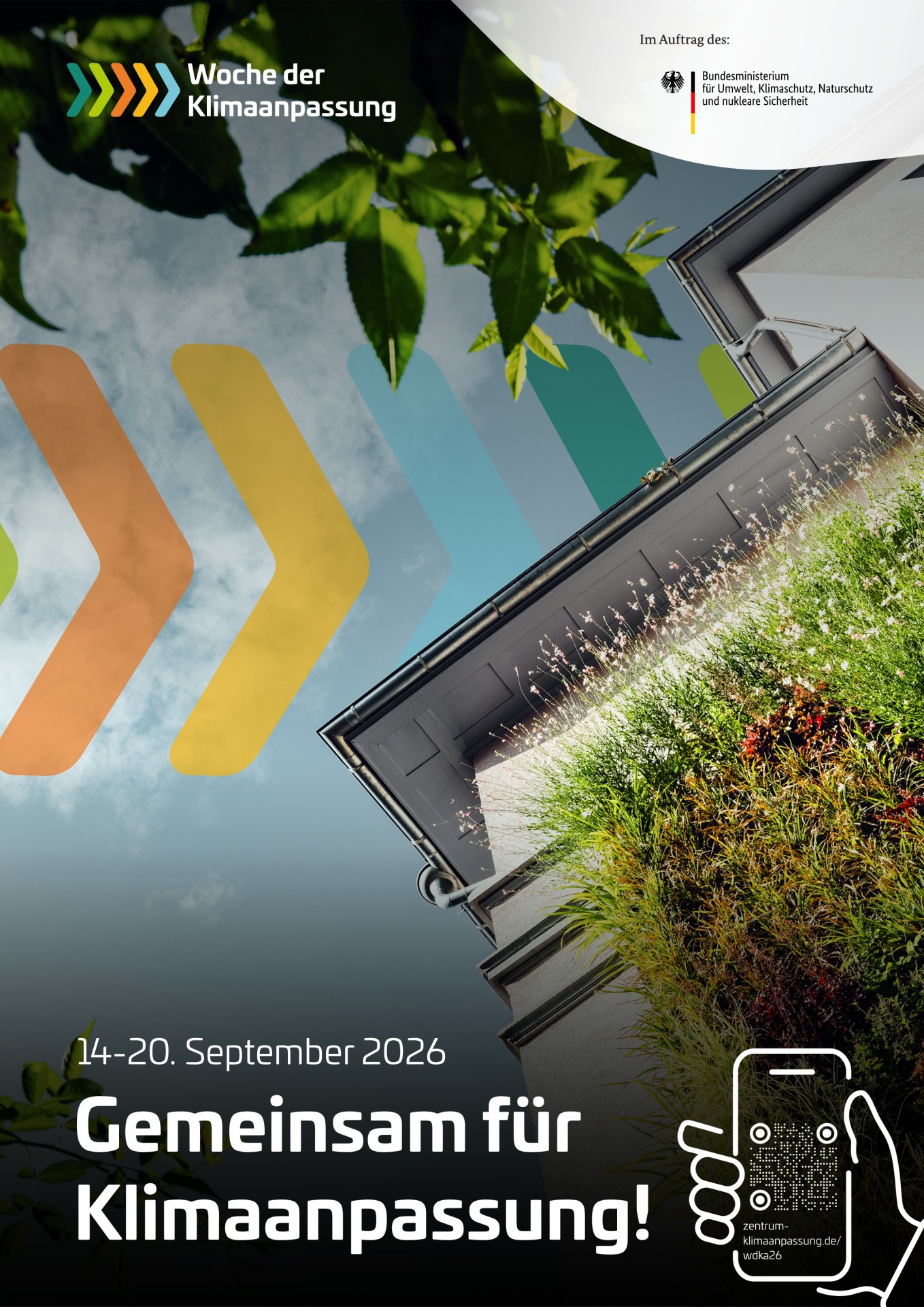 Plakat Woche der Klimaanpassung Das Plakat zeigt eine Grünfläche und wirbt mit dem Slogan Gemeinsam für Klimaanpassung für die Aktionswoche, die vom 14. bis 20. September 2026 stattfindet.