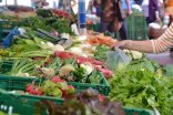 Bunter Wochenmarkt mit mehreren Marktständen, auf denen frisches Obst, Gemüse und weitere Lebensmittel angeboten werden