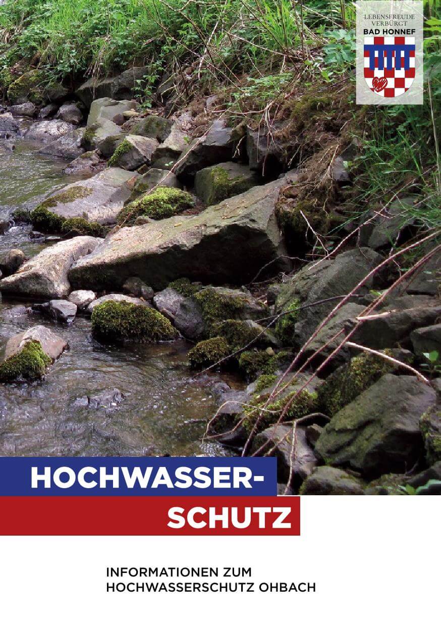 itelseite der Broschüre zur Hochwasserprävention der Stadt Bad Honnef, die Informationen zur Vorbereitung auf Starkregenereignisse und Verhaltenshinweise bei drohenden Sturzfluten für Anrainer des Ohbachs enthält.